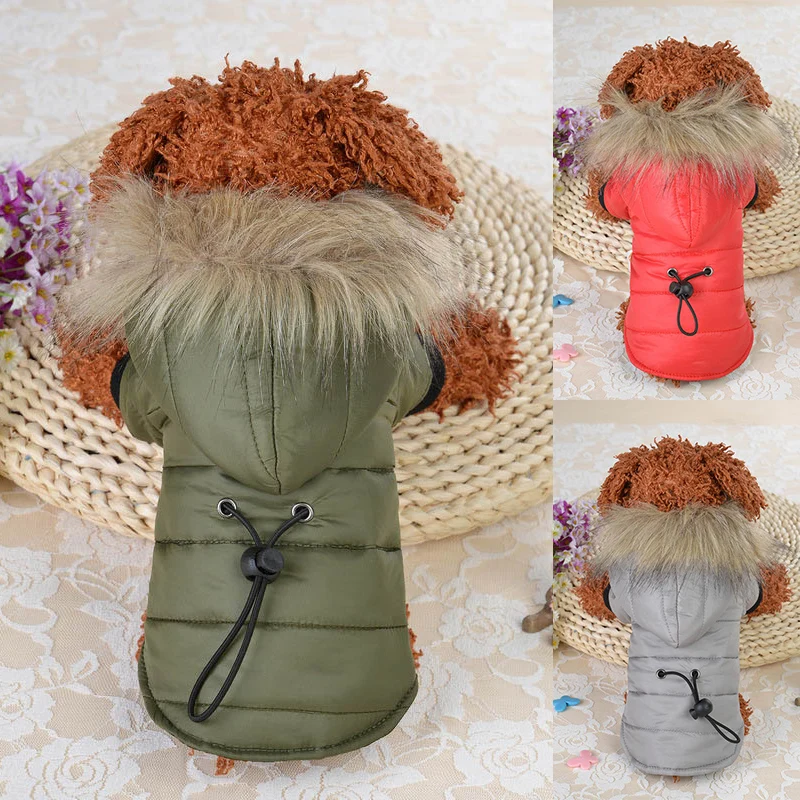 Модная Милая куртка с капюшоном для собак, XS-XL для питомцев, зимний меховой воротник для пуделя, чихуахуа, теплая куртка с капюшоном для собак, одежда для щенков, плюшевая одежда