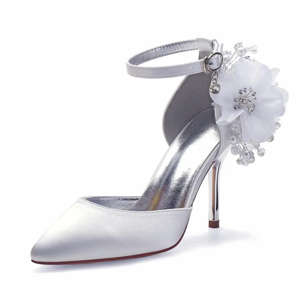 

2022 Satin Pearl Flower High Heels Wedding Shoes Pointed Toe Ribbon Tie Heels Prom Evening Formal Party Dress Pumps Women