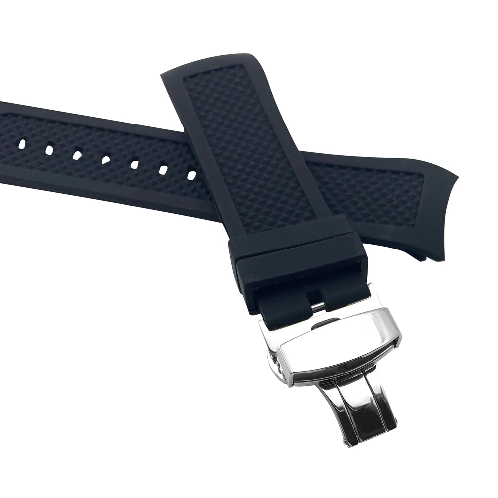 Curved End 22mm Black Soft Silicone Rubber Watch band For IWC PORTUGIESER YACHT CLUB CHRONOGRAPH IW390502 IW390209 Watch Strap