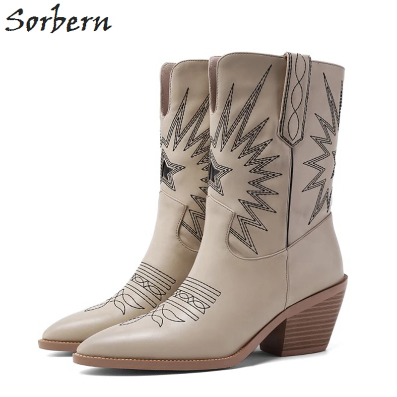 

Sorbern Low Block Heels Wide Boots Women Vintage Sewing Pointy Toe Winter Shoes Unisex Heeled Ladies Winter Boots Custom Color