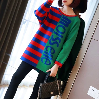 

Autumn Winter Printted Striped Women Sweaters and Pullovers Casual Long Sleeve Pull Femme Letter Fall Green Knitted Tops Jumper