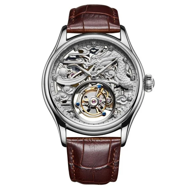 Silver Настоящие Tourbillon часы копейка, механические часы для мужчин, ручной Ветер, Tourbillon чайки, полый ход, мужские часы - Цвет: Silver