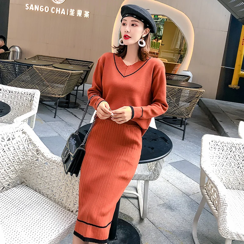 caramel Autumn Winter 2 Piece Set Women Sweater Sets Warm V-Neck Knitted Pullover+ High Waist Midi Skirt Suit Female Two Piece Set - Цвет: caramel