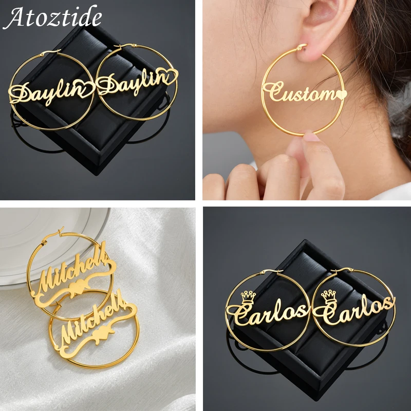 Atoztide High Quality Personalized Stainless Steel Letter For Women Custom Name Diameter 50mm Cricle Earrings Party Jewelry duoying custom name jewelry set personalized letter necklace customized name bangles stainless steel mini hoop earrings 18mm