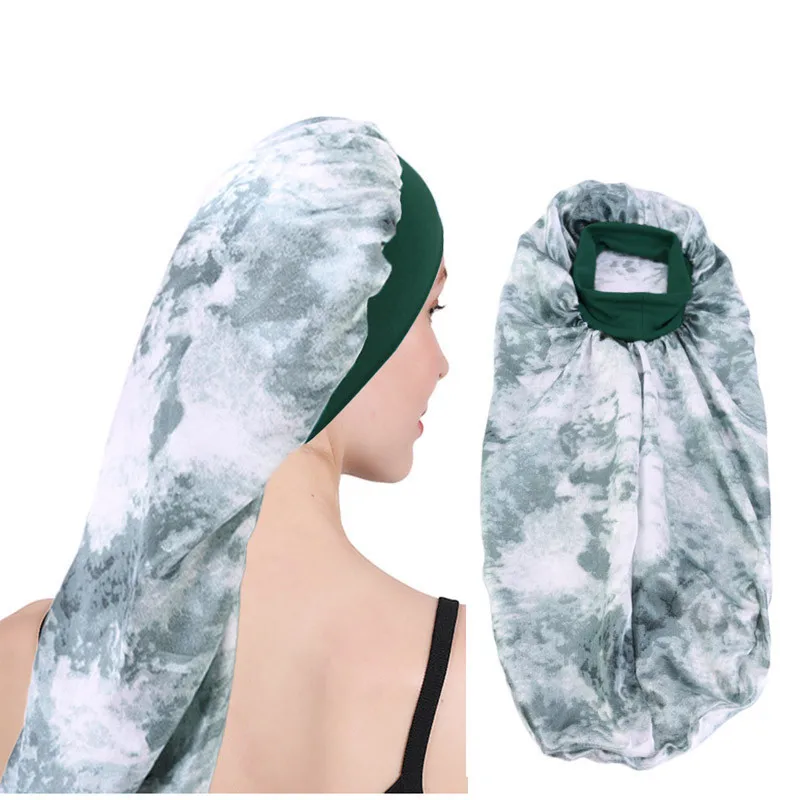 New Fashion Tie-Dyed   Silky Satin Long Night Sleep Cap Elastic Wide Band Bonnet Beauty Hair Care Hats Hair Protector