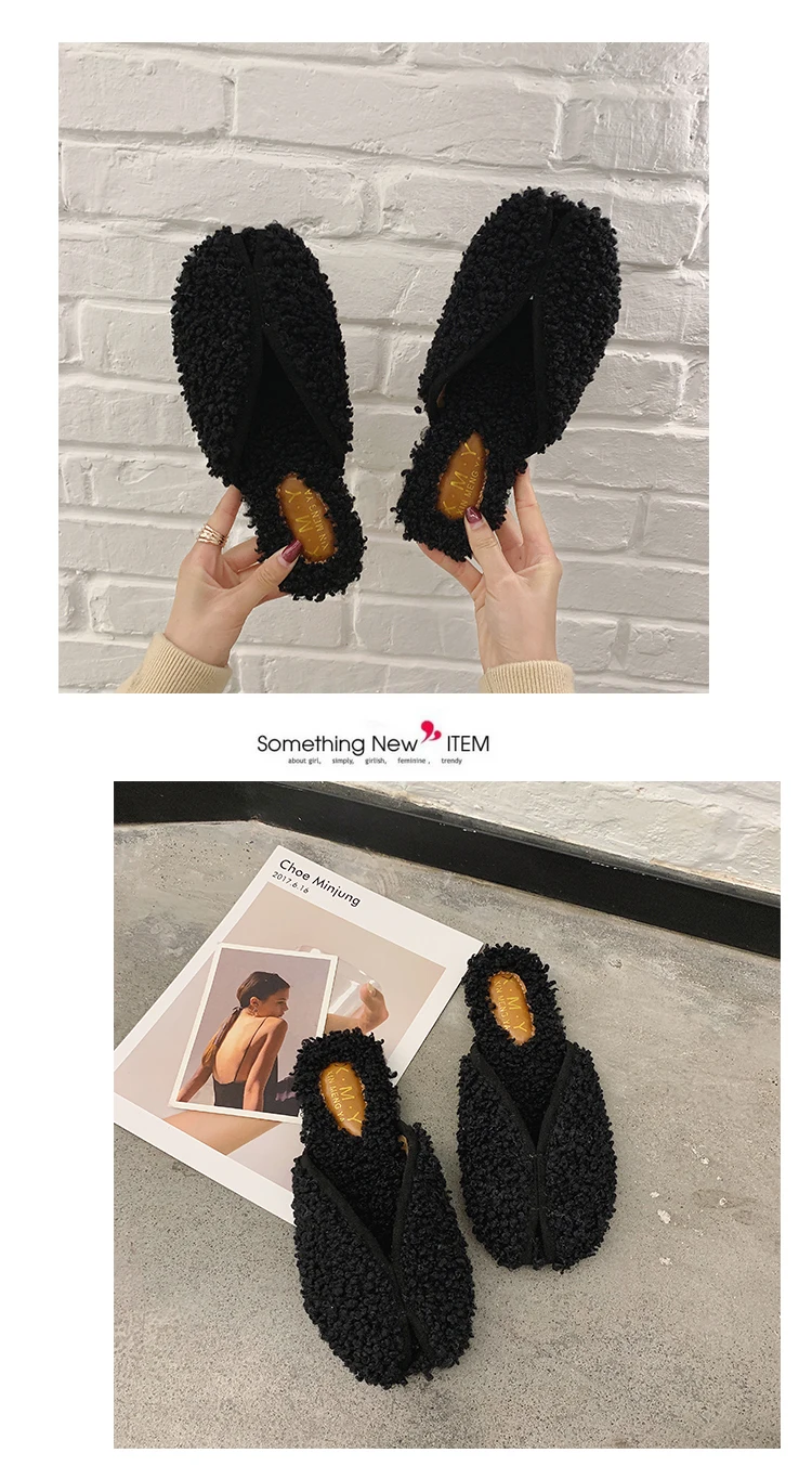 Wool roll slippers korean flats close toe winter woman fur slides brief solid casual lazy flip flops female furry loafers plush