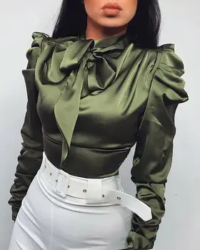 

2020 Women Solid Tie Neck Satin Blouse Lady Casual Shirts And Blouses Female Long Sleeve Pullovers Femme Blusas Vestidos