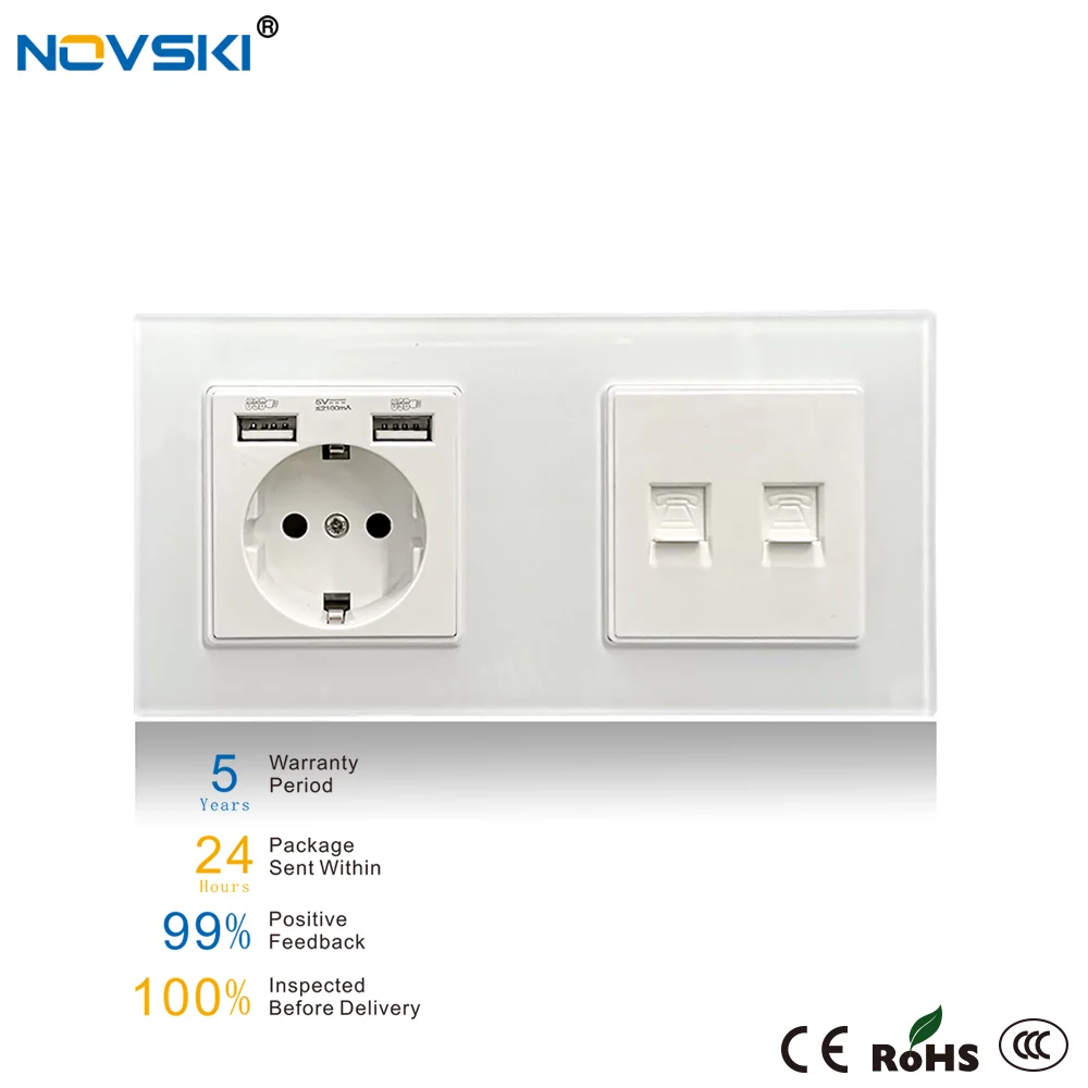 

NOVSKI USB German Schuko Electrical Socket + Dual RJ11 Tel Data Socket, Crystal Tempered Glass Panel 86*172, 5 Years Warranty