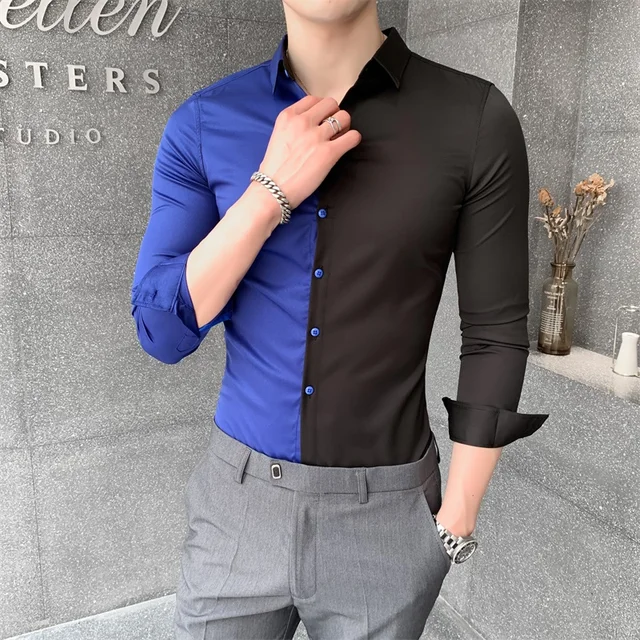 Camisa de Color de retales de estilo británico para hombre, camisas casuales de manga larga a la moda, vestido de esmoquin ajustado 3XL M Simple que combina con todo, 2023|Camisas de vestir| AliExpress