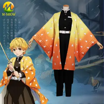 

Anime Demon Slayer Kimetsu no Yaiba Agatsuma Zenitsu Cosplay Costume Japanese Haori Kimono Uniform for Halloween Christmas Party