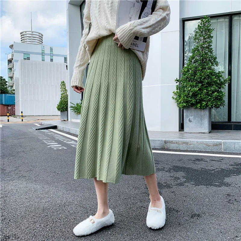 Light Green Вязанные миди юбки женские Осень Зима Высокая талия трапециевидные юбки женские юбки леди Плюс Размер Уличная юбка jupe femme - Цвет: Light Green