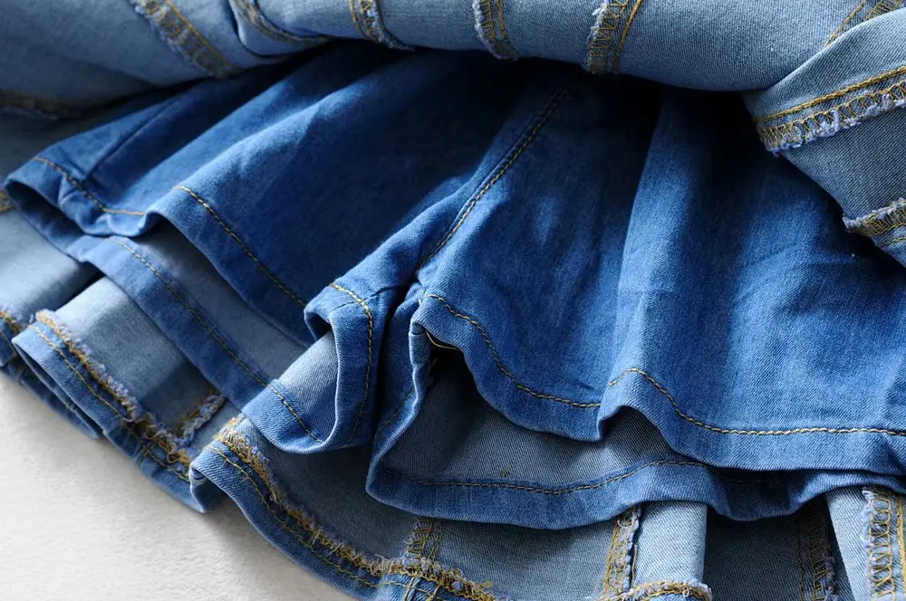 

Western Style High-waisted Slimming A- line Denim Skirt Anti-Exposure Student Short Skirt Summer Pleated peng peng san Skirt