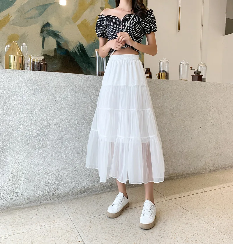 Summer new chiffon patchwork net yarn tango pure color high-waisted temperament long white pleated black tulle skirt for womens nike victory one print slide rush orange white cn9676 800 womens sneakers