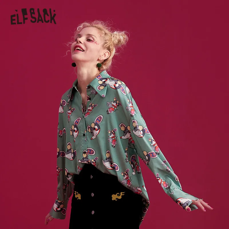 ELFSACK, Зеленая Атласная Блузка с принтом крысы, женская рубашка, зима, корейский стиль, однобортный, длинный рукав, офисный женский топ