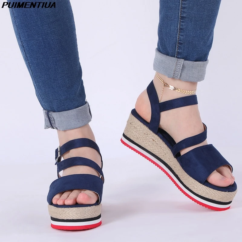 2021 Womens Sandals Vintage Wedge Shoes Woman Buckle Strap Straw Thick Bottom Flats Platform Sandals Flock Female Shoes Summer 2021 Womens Sandals Vintage Wedge Shoes Woman Buckle Strap Straw Thick Bottom Flats Platform Sandals Flock Female Shoes Summer