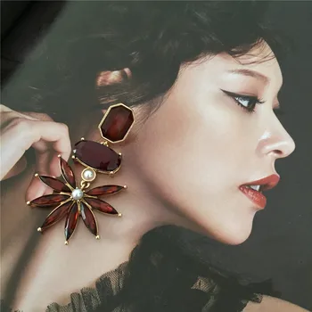 

New Arrivals Smoky Jewelry Burgundy Stone Statement Earrings For Women Girl Runway Dinner Party Gift