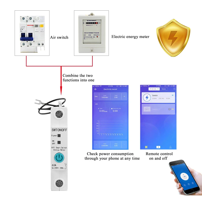18mm 1p din rail  WIFI Smart Switch energy meter remote control caculate powersumption with Alexa and google home for smart home