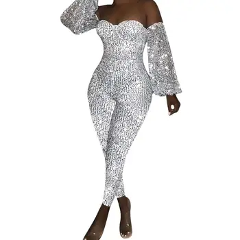 

Women Sequin Off Shoulder V-Neck Jumpsuit Lantern Long Sleeve Bodycon Party Club Night Playsuit Sexy Retro Romper