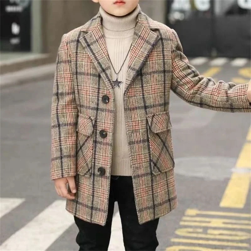 Boy Wool Coat for Autumn & Winter Children's Jacket Fashion Turn Collar Plaid Keep Warm Outerwear Teenage Clothes