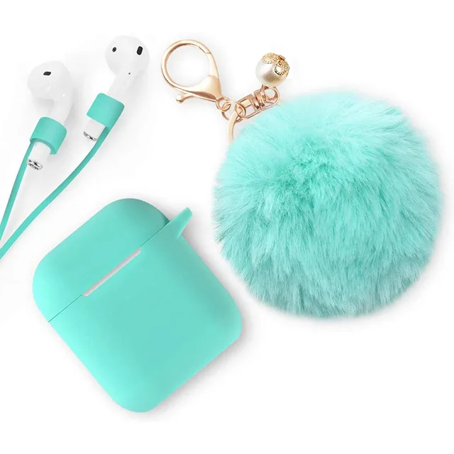 Protective Case multi colors with lost-proof and Keychain hooks lovely hair ball Silicone Bluetooth Earphone For airpods 1 2 1 2Green