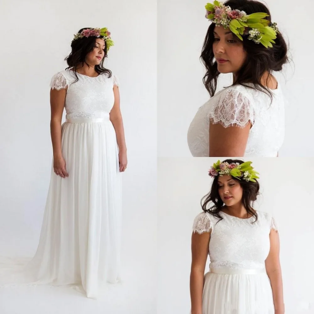Bohemian Beach Plus Size Wedding Jurk met Mouwen 2015 Vintage Lace Bruidsjurken Chiffon Boho Trouwjurk Vestidosde Novia