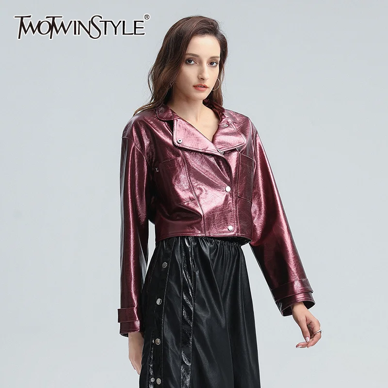 

TWOTWINSTYLE Moto Style Jacket For Women Stand Collar Long Sleeve Pockets Patchwork Pu Loose Jackets Female 2020 Autumn Clothing
