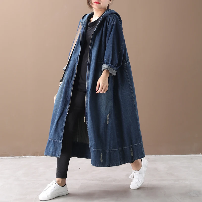 

[EWQ] 2019 Spring Autumn New Pattern Casual Jersey Full Long Hooded Zipper Skirt Solod Washed Denim Windbreaker Jacket PA014