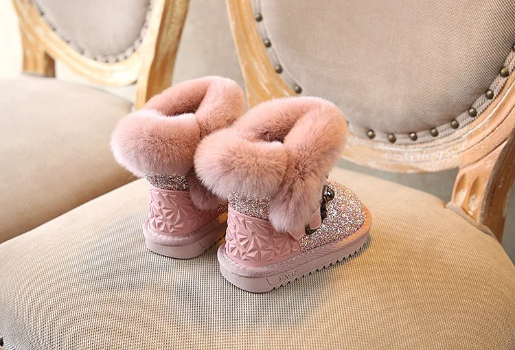 Botas de Neve Pele de Coelho Dogeek Menina Inverno Bebê Crianças Botas Anti Deslizamento Quente Algodão Meninas Ankel Boot Macio Strass Rebite 29 crianças botas anti deslizamento quente algodão meninas