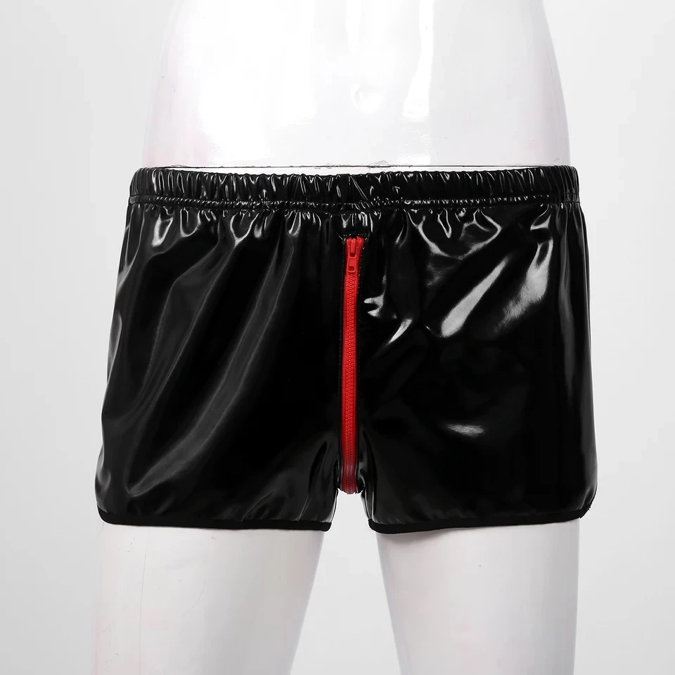 Mens Open Crotch Leather Short Pants Zipper Crotchless Patent Leather Boxer men underwear