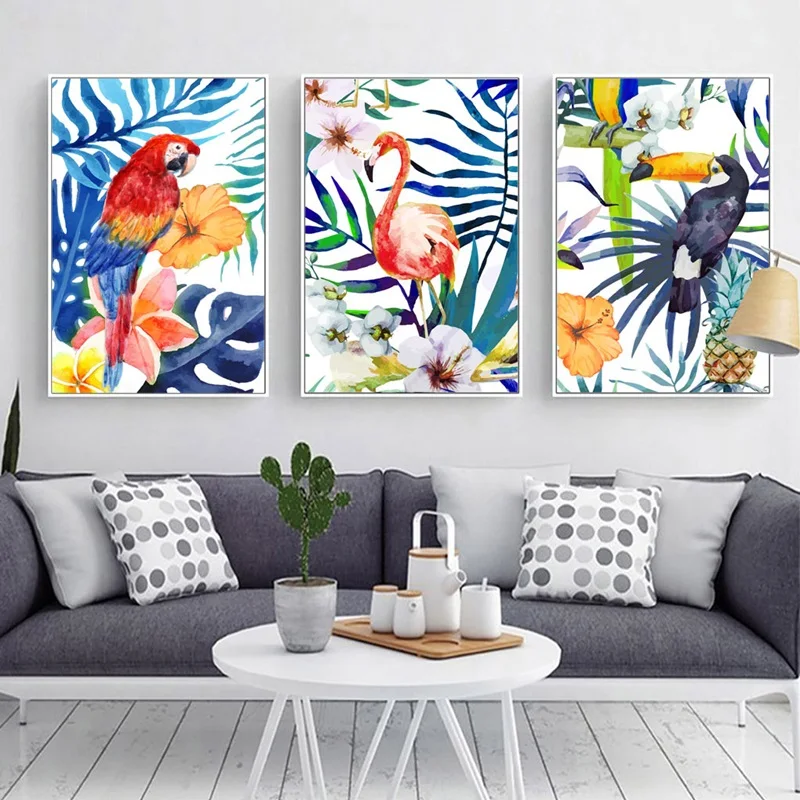 

Scandinavian Cuadros Poster And Print Home Decoration Watercolor Canvas Painting Parrot Flamingo Modular Nordic Wall Art Picture