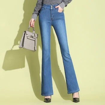 

2019 winter Warm Plus velvet mom jeans women Casual High Waist Denim woman stretch trousers blue Flare Pants