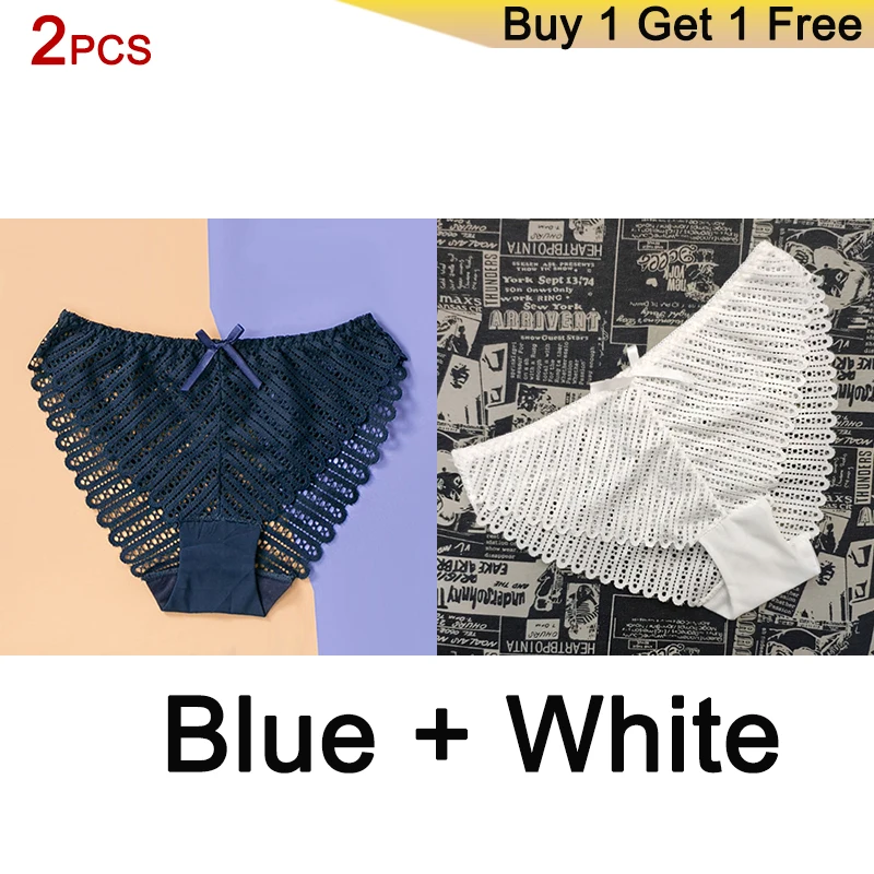 BLUE WHITE DERUILADY, 2 шт., сексуальные кружевные трусики для женщин, удобные хлопковые нижние трусики, Дамское белье, низкая посадка, бесшовное нижнее белье - Цвет: BLUE WHITE