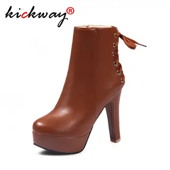 

Drop Shipping fashion platform winter shoes woman round toe pu leather ankle boots women thick high heels prom boots size 34-43