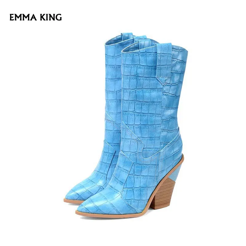 

Fashion Botines Mujer 2019 Leather Stone Pattern Ladies Boots New Pointed Toe Western Cowboy Winter Boots Women Mid-Calf Boots