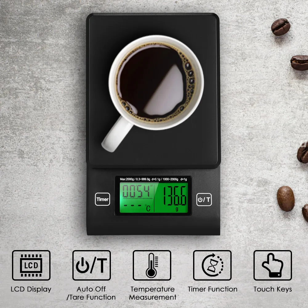  Digital Coffee Scale Multifunction Kitchen Food Scale with Timer Temperature Probe LCD Display Gree - 4000327164725