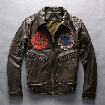 

Men Winter Genuine Leather jacket Multi-standard Embroidery Flight suit lapel Slim fit Motorcycle Clothing Autumn
