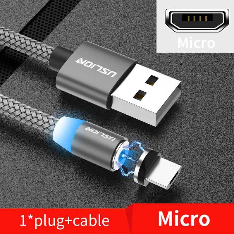 Магнитный кабель USLION, Micro usb type C, кабель для быстрой зарядки, зарядное устройство для iPhone, samsung, huawei, Xiaomi, Micro USB кабель, USB C кабель - Цвет: Gray for Micro