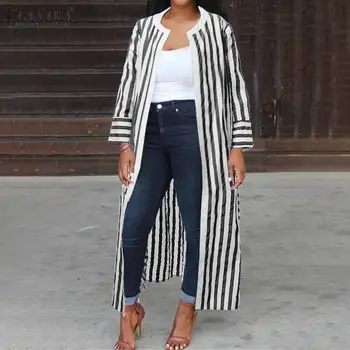 

ZANZEA Women Open Front Stripe Tops Blusas Long Cardigan 2020 Autumn Ladies Side Split Long Shirts Long Sleeve Tunic Chemise 7