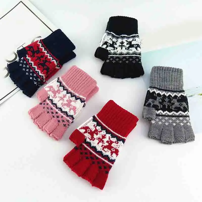 

Autumn Winter Women's Knitted Fingerless Glove Girls Lovely Christmas Glove Winter Thicken Warm Semi-finger Driving Gloves