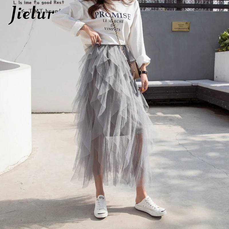 Jielur White Skirt Women Summer 2021 Vintage High Waist Irregular Mesh Skirts Gray Black Fashion Chic Pleated Tulle Korean | Женская