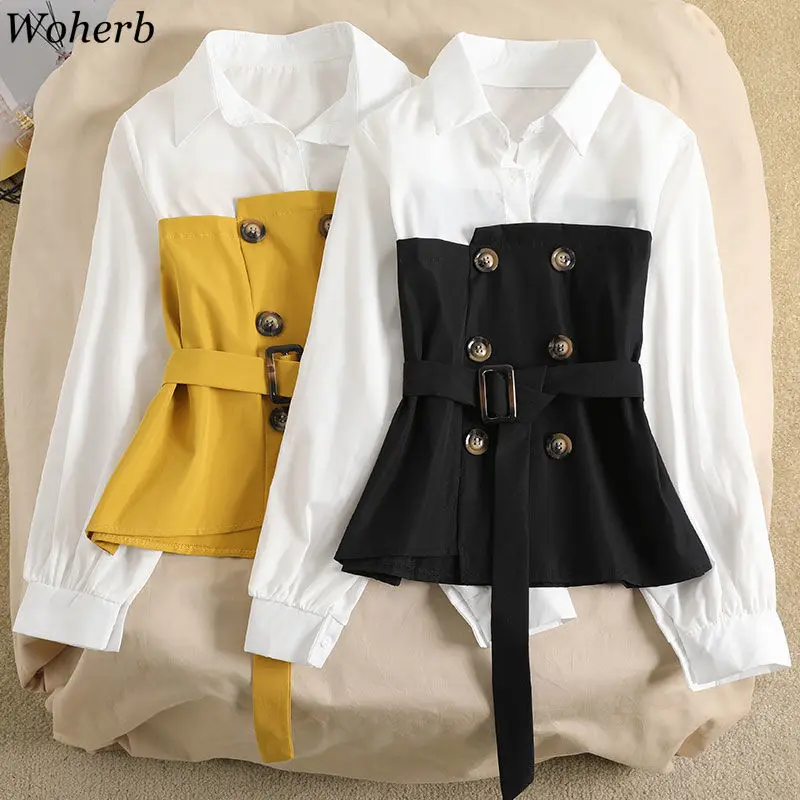 

Woherb Fake Two Pieces Long Sleeve Patchwork Blouse Button Design Belt Elegant Shirts Female Asymmetric Fashion Tops Women 91700