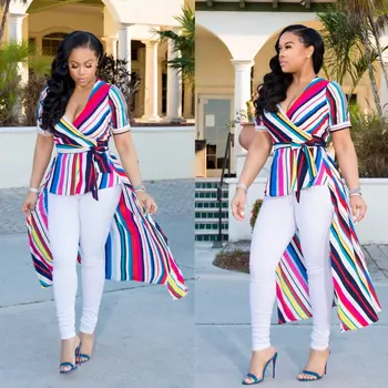 

Front Short Back Long Maxi African Dresses For Women 2020 Printed Stripe Vestidos Sash Short Sleeve Party Dresses Sundress Robe