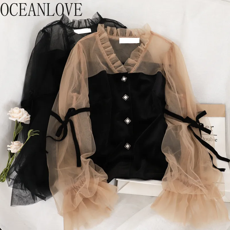 OCEANLOVE бархатные сетчатые блузки Pacthwork женские сексуальные прозрачные на