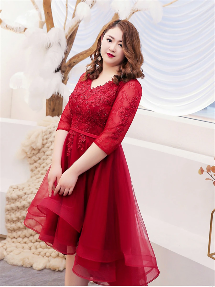 Платье для выпускного вечера с коротким рукавом, высокая низкая Vestidos De Gala, женские вечерние платья с аппликацией, вечернее платье размера плюс с v-образным вырезом T091
