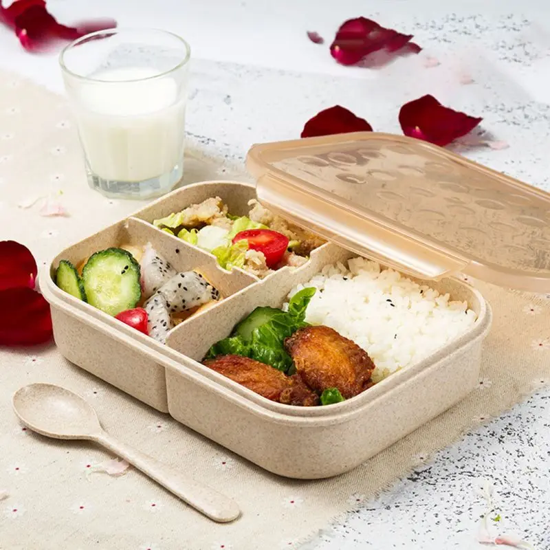 Пшеничная соломенная коробка для обеда с ложкой Bento box креативный квадратный чехол для конфет посуда