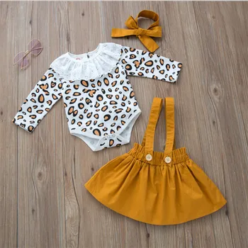 

3Pcs Toddler Baby Girl Clothes Autumn Ruffle Long Sleeve Leopard Bodysuit+Suspender Skirt+Headband Baby Girls Cotton Sets 0-24M