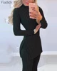 Women Winter 2pcs Suit Long Sleeve Ribbed Slit Long Top and High Waist Knitted Pencil Pants Set ► Photo 3/6