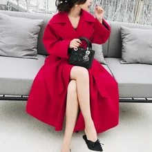 Двухстороннее элегантное шерстяное пальто для девушек, Высококачественная модная верхняя одежда, теплое красное пальто с поясом и широкими штанинами, Высококачественная верхняя одежда