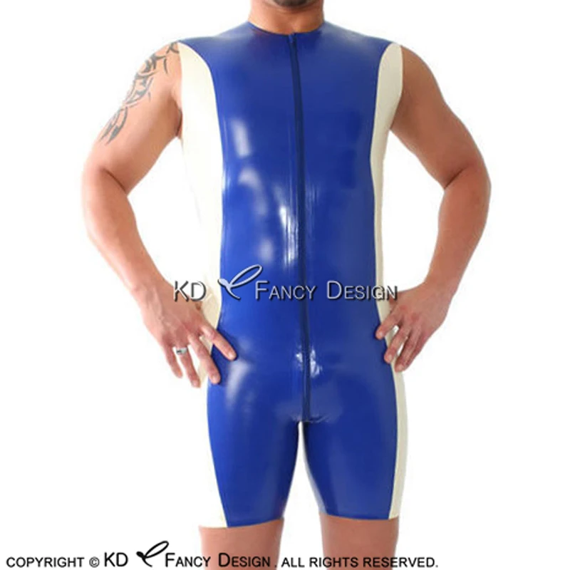 Blue And White Trims At Two Sides Sexy Latex Catsuit Front To Back Crotch Zipper Rubber Body
