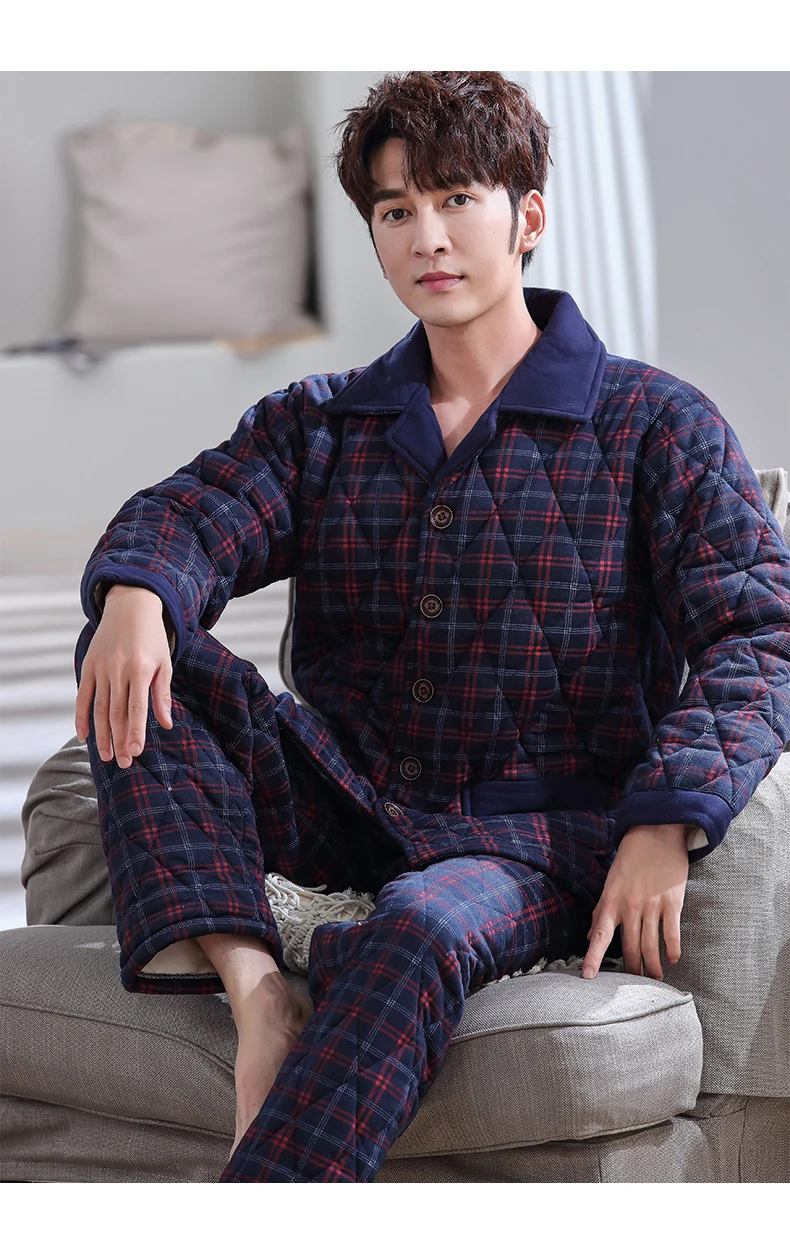 mens pjs New Winter Fashion Plaid Quilted Pajama Sets Soft Men Sleepwear Winter Lounge Set Three Layer Padded Cotton Thick Quilted Jacket mens flannel pajamas set